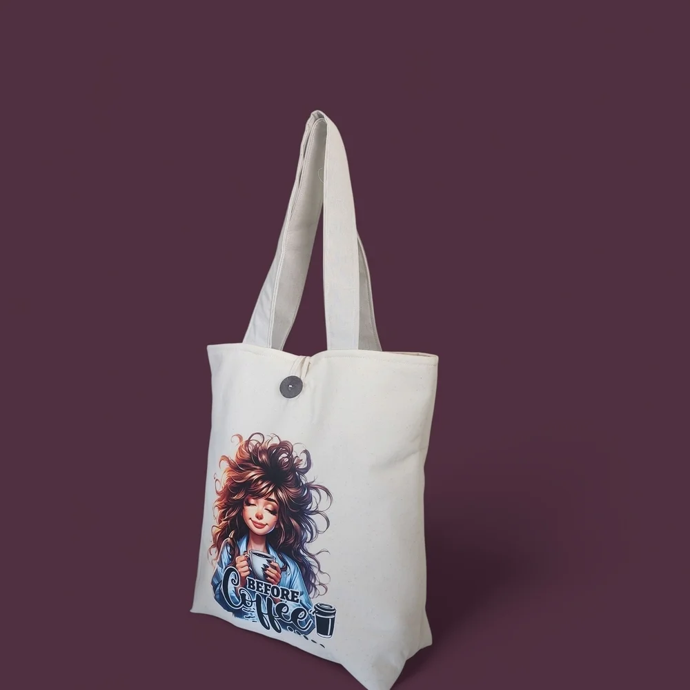Classic White Canvas Tote Bag with Artistic Prints